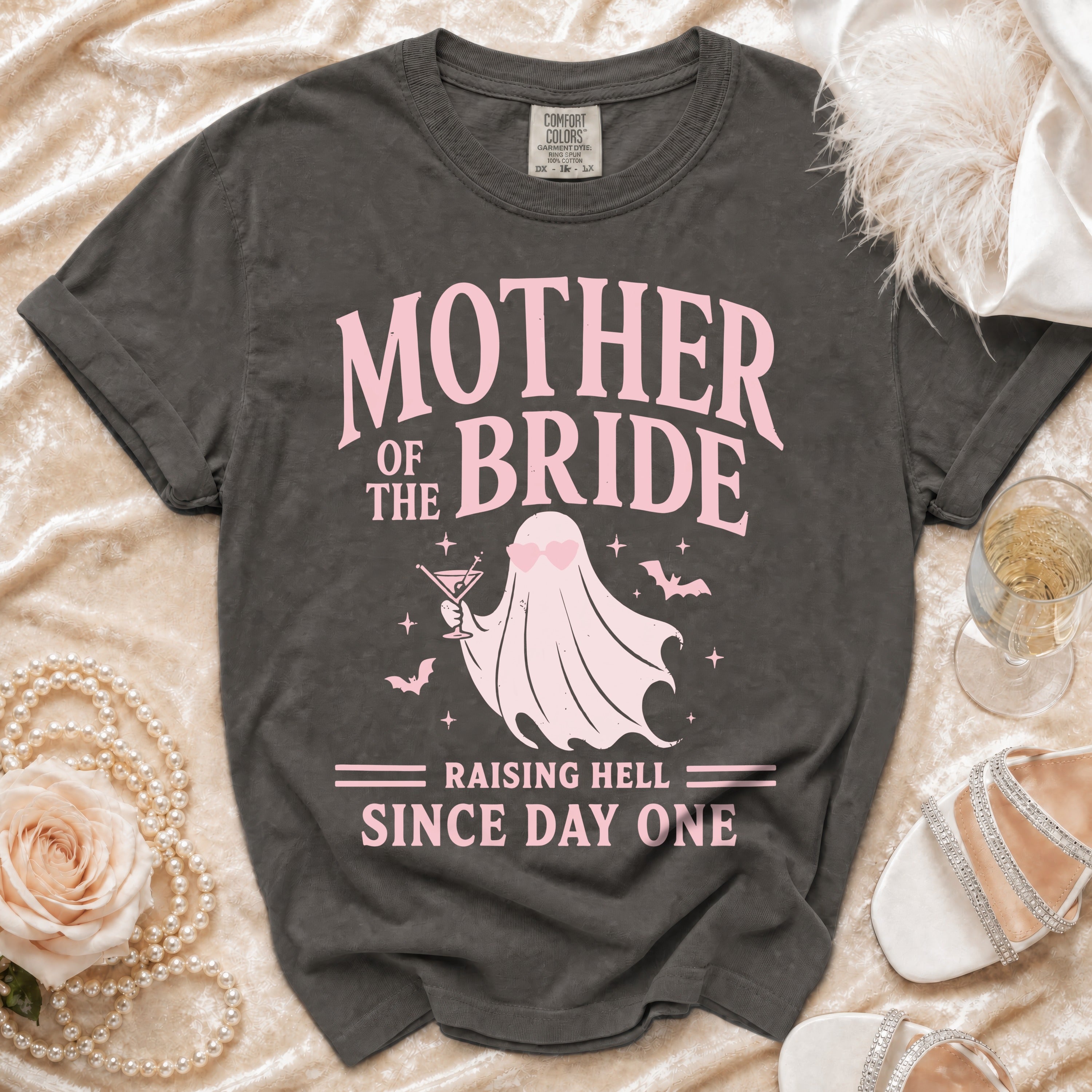 Mother of the Bride t-shirt with a ghost holding a martini, "Raising Hell Since Day One."