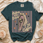 T-shirt graphic with coffin, roses, skull, veil, and text "Mother of the Bride I Do Coffins".