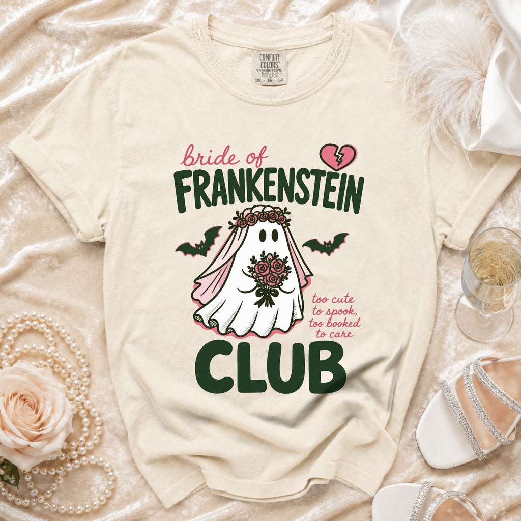Bride of Frankenstein Club t-shirt with ghost graphic and text.
