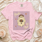 Pink t-shirt with ghost graphic reading "Bride of Boo" on striped background.