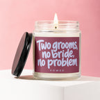Candle with text "Two grooms, no bride, no problem" and brand "VOWED".