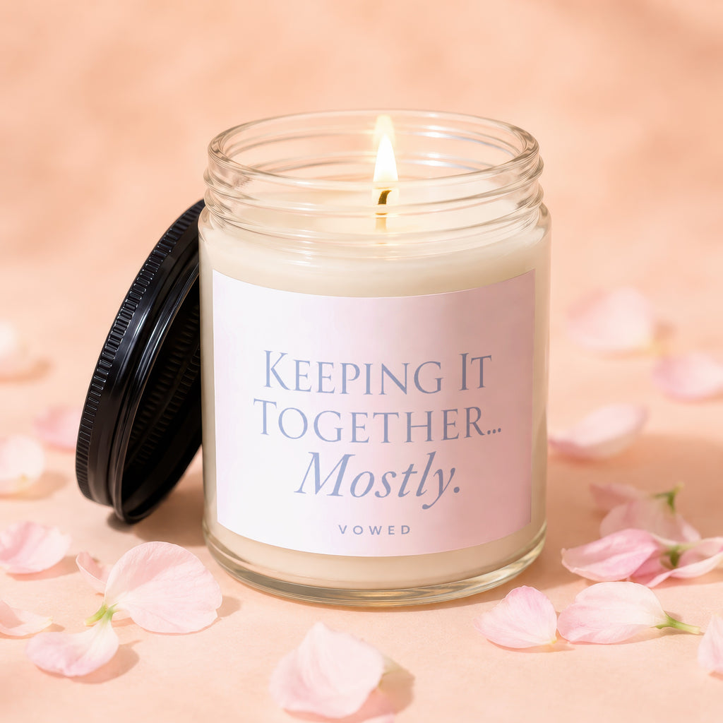 Glass candle with lit wick and black lid, reads "Keeping It Together... Mostly. Vowed".