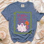 Blue t-shirt with ghost graphic saying "Mother of the Bride (to be) Boo-tiful".