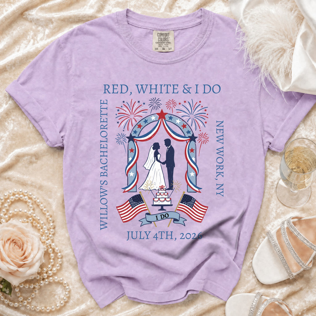 Red, white, and I do bachelorette t-shirt with wedding arch and July 4, 2026.