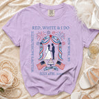 Red, white, and I do bachelorette t-shirt with wedding arch and July 4, 2026.