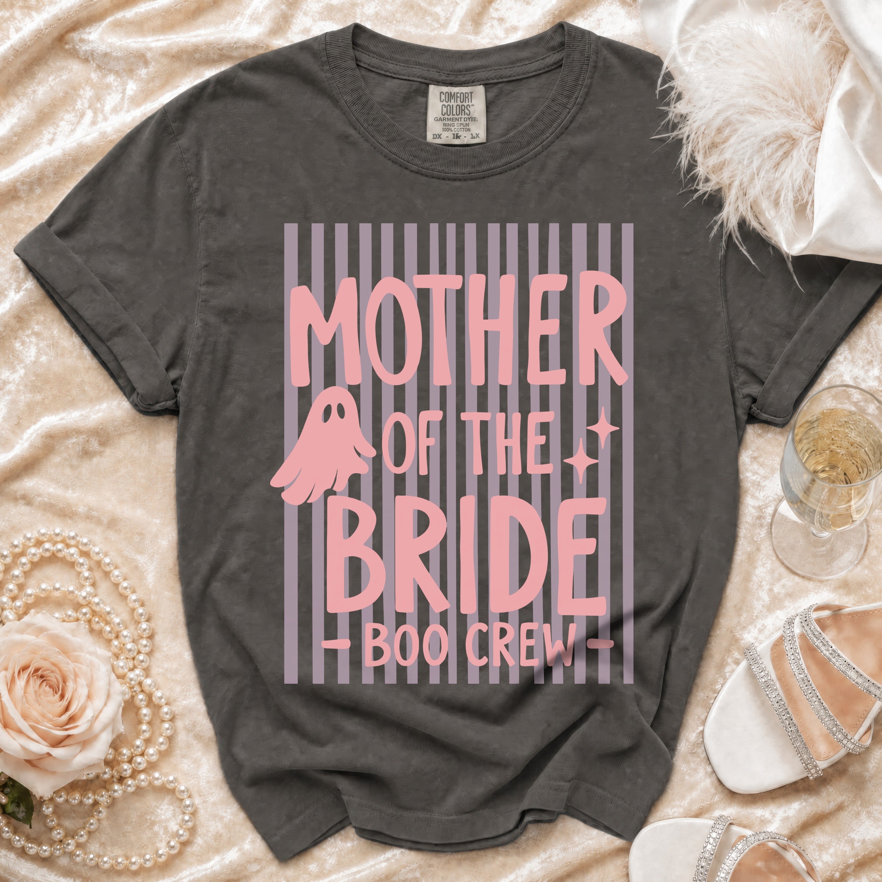 Dark gray t-shirt with pink text "Mother of the Bride - Boo Crew" and a ghost.