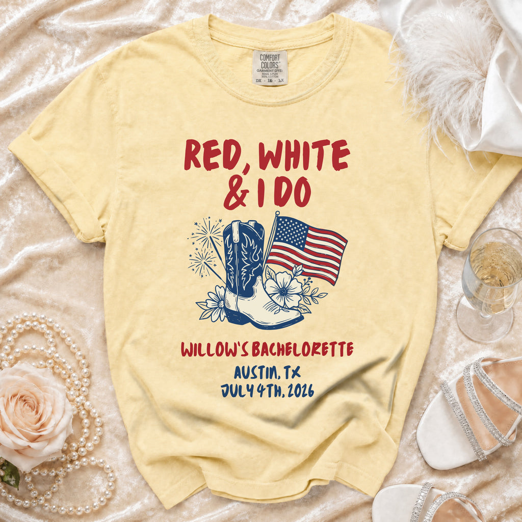 Willow's Bachelorette shirt with "Red, White & I Do" and American flag design.