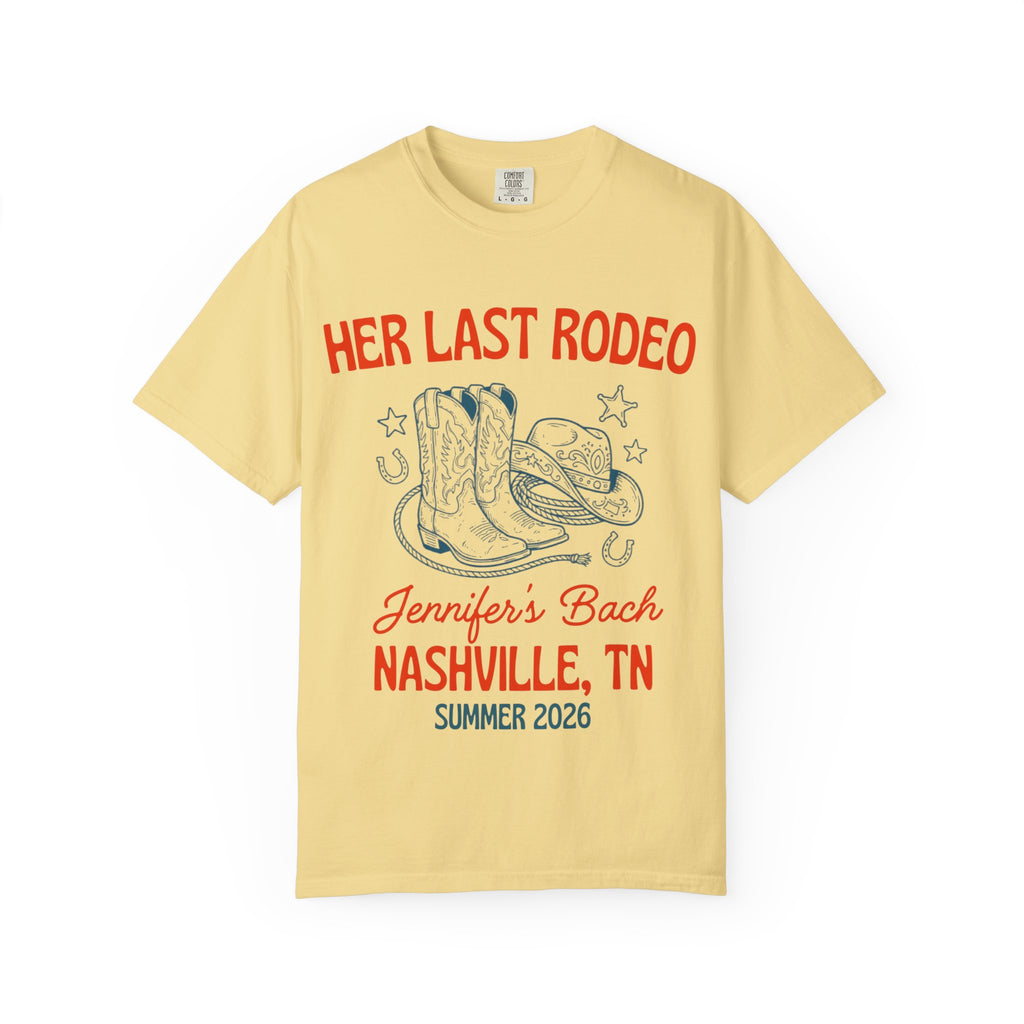 Yellow t-shirt with "Her Last Rodeo Nashville TN Summer 2026" and cowboy boots.
