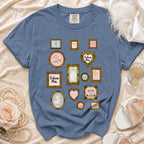 Blue t-shirt with framed wedding icons including a cake, dress, and "Future Mrs." text.