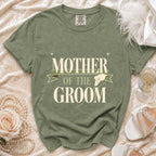 Green t-shirt with "Mother of the Groom" text and floral design.