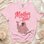 Pink t-shirt with "Mother of the Bride ...boo!" text and a ghost graphic.