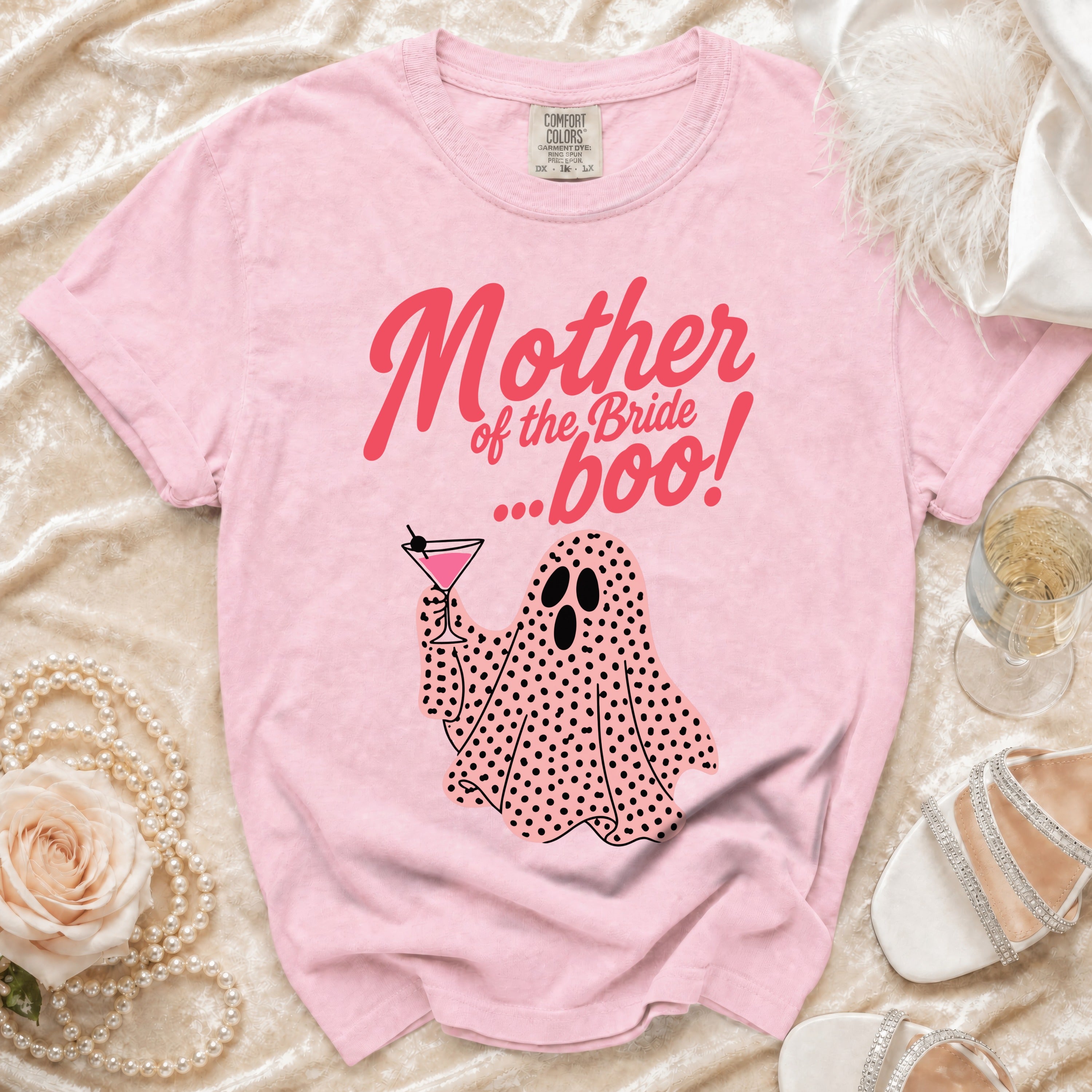 Pink t-shirt with "Mother of the Bride ...boo!" text and a ghost graphic.