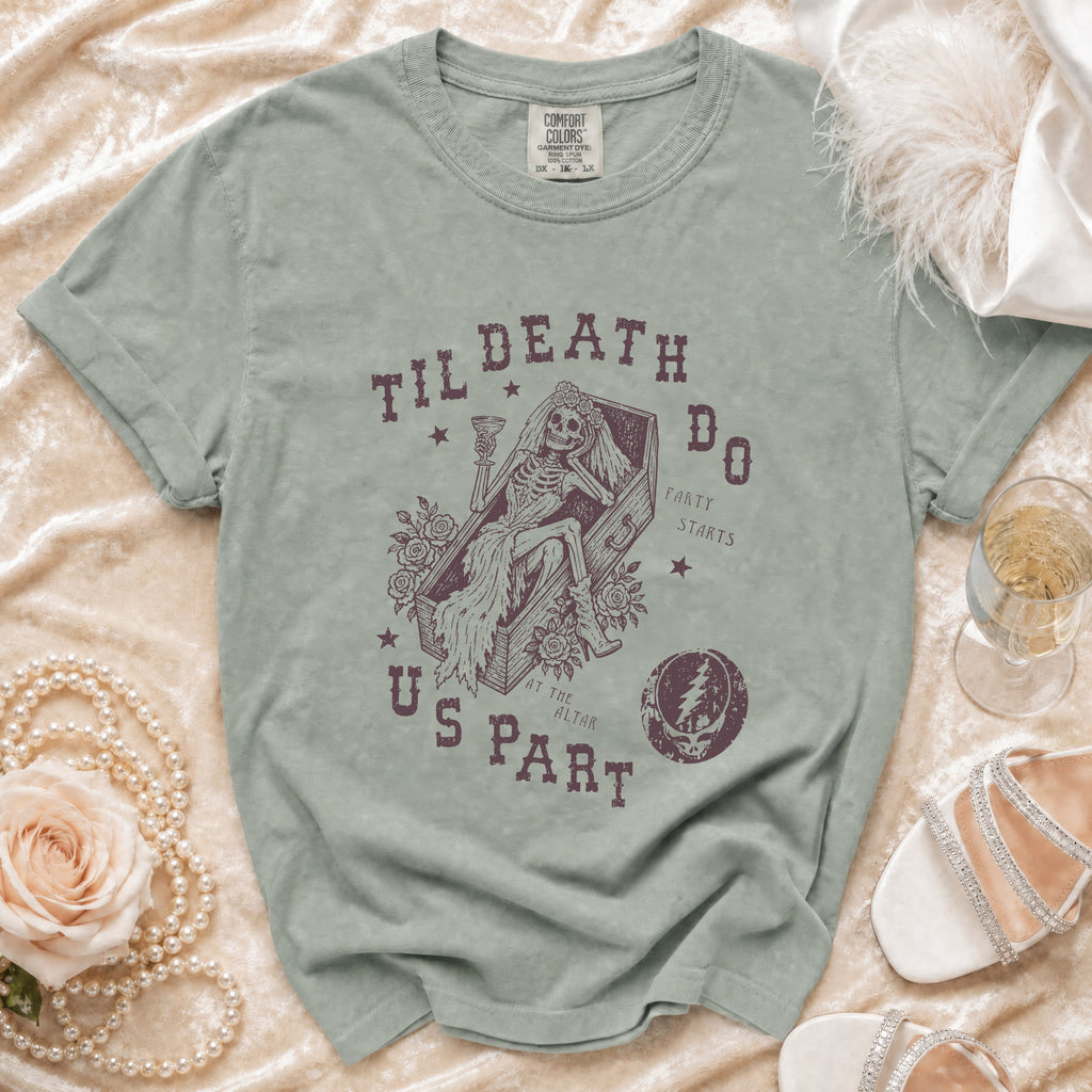 T-shirt with skeleton bride in coffin graphic and "Til Death Do Us Part" text.
