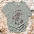 T-shirt with skeleton bride in coffin graphic and "Til Death Do Us Part" text.