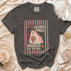 T-shirt with ghost bride graphic reading "Scared Single Married to the Boo".