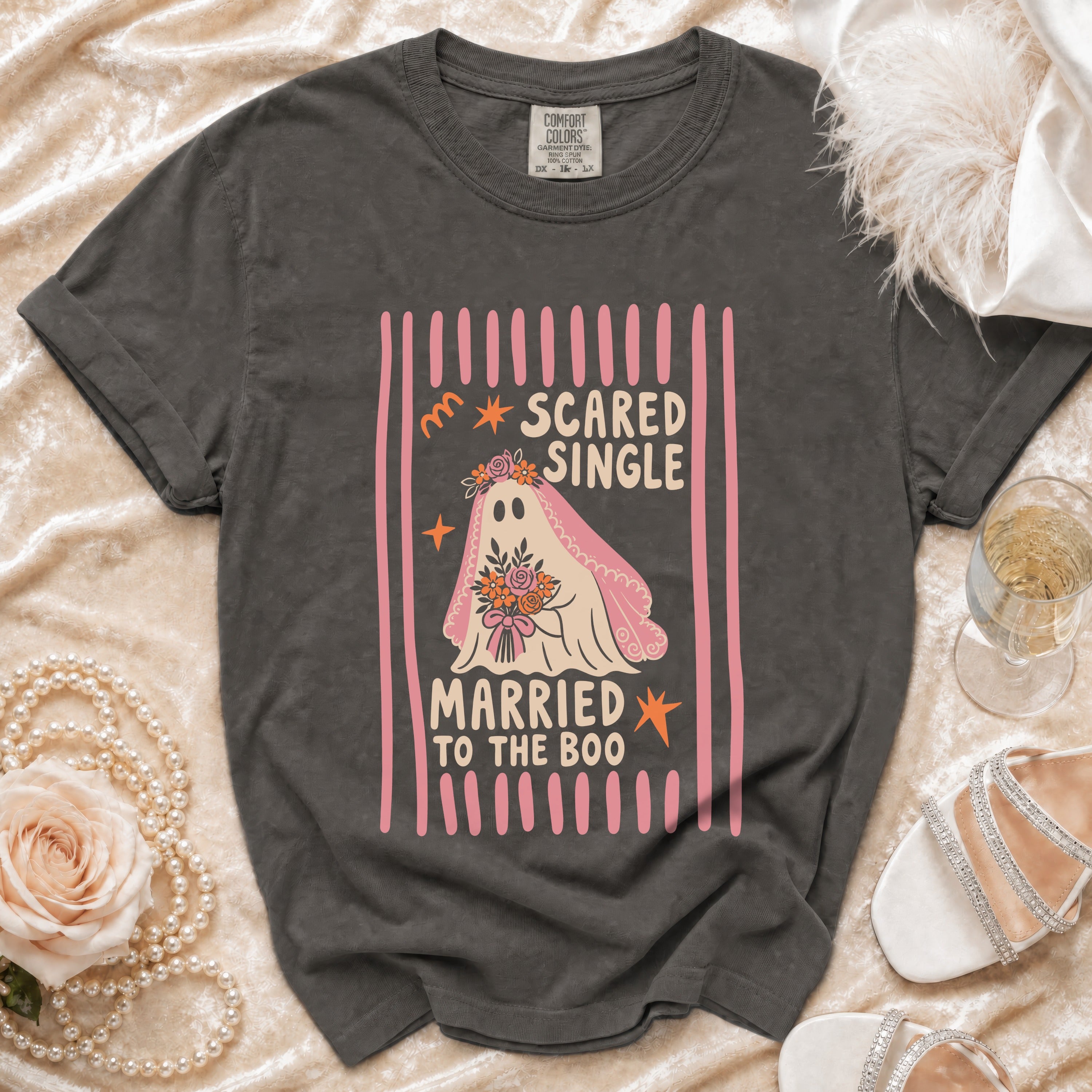 T-shirt with ghost bride graphic reading "Scared Single Married to the Boo".
