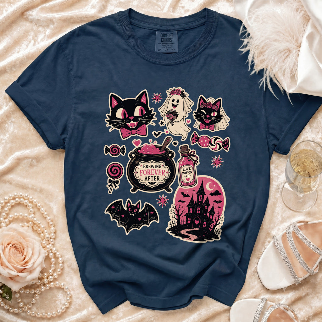 Navy t-shirt with gothic Halloween-themed graphic featuring cats, ghost, bat, and haunted house.