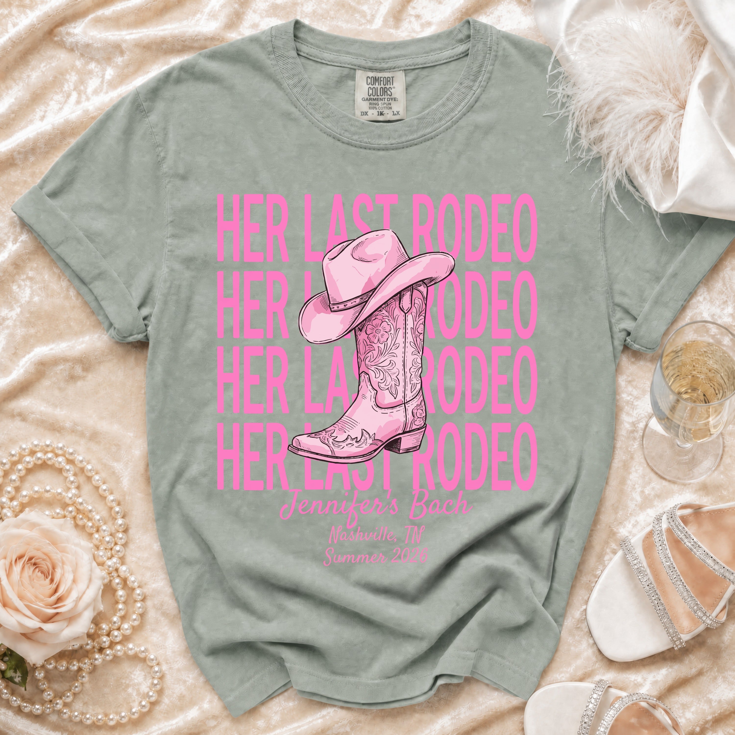 Pink cowboy boot and hat graphic with "Her Last Rodeo" text.
