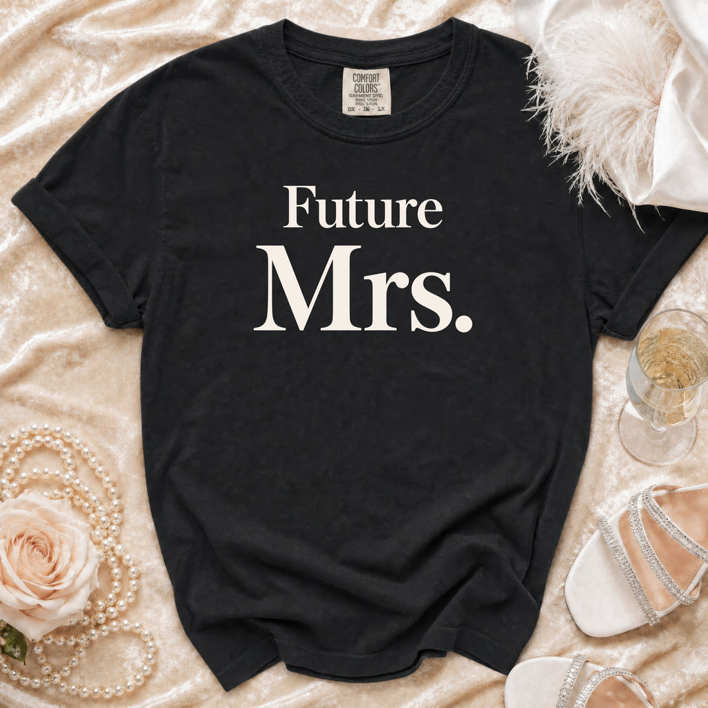 Black t-shirt with "Future Mrs." text and wedding accessories.