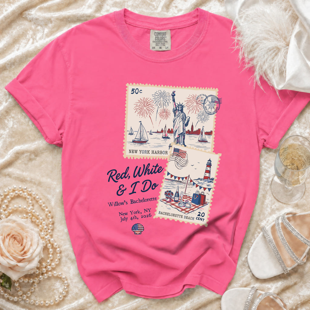 Pink t-shirt with "Red, White & I Do" and July 4th New York bachelorette graphic.