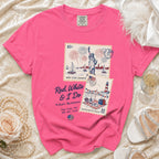 Pink t-shirt with "Red, White & I Do" and July 4th New York bachelorette graphic.