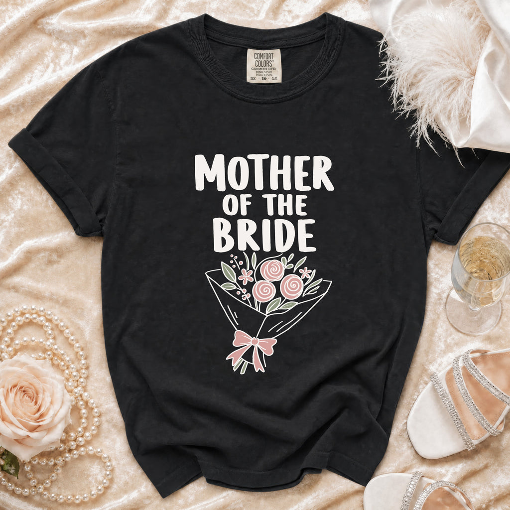 Black t-shirt with "Mother of the Bride" text and a floral bouquet graphic.