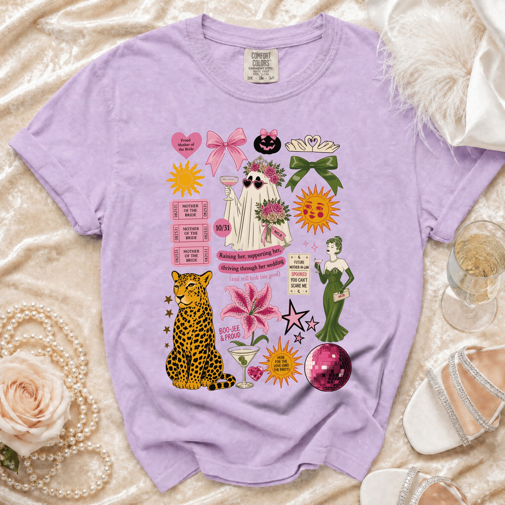 Lilac t-shirt with "Mother of the Bride" graphics including a ghost, leopard, and lily.