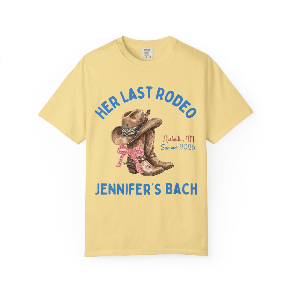 Cowboy boots and hat with "Her Last Rodeo" and "Jennifer's Bach" text.
