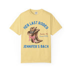 Cowboy boots and hat with "Her Last Rodeo" and "Jennifer's Bach" text.