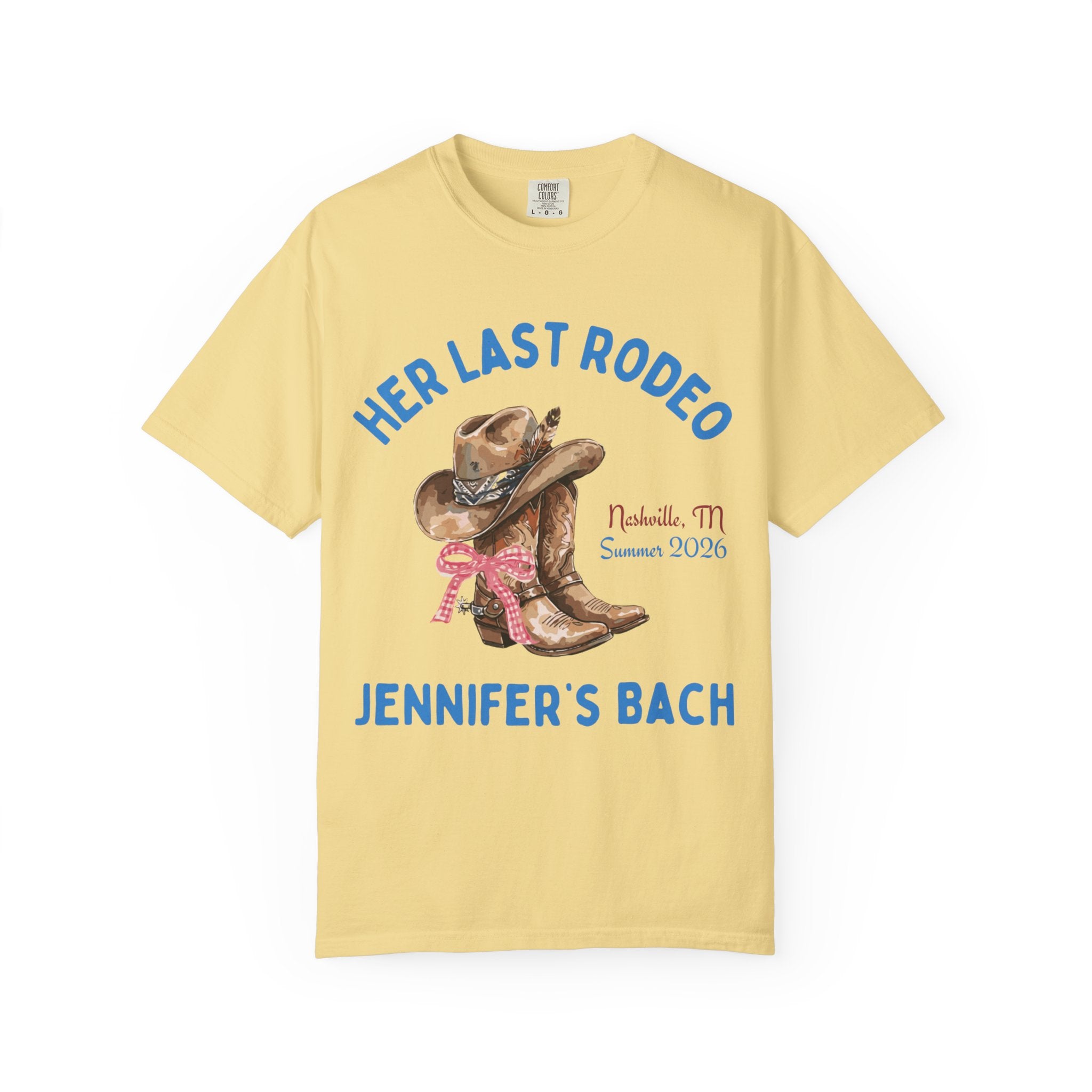 Cowboy boots and hat with "Her Last Rodeo" and "Jennifer's Bach" text.
