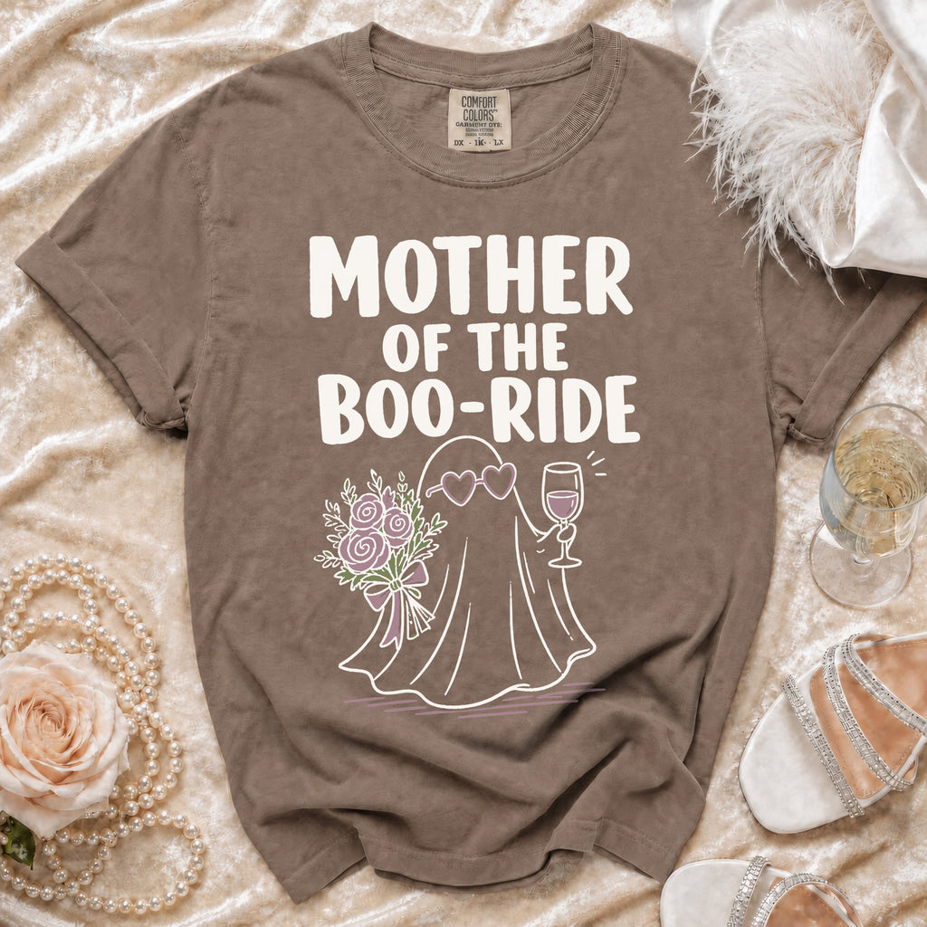 Brown t-shirt with "MOTHER OF THE BOO-RIDE" and ghost graphic.