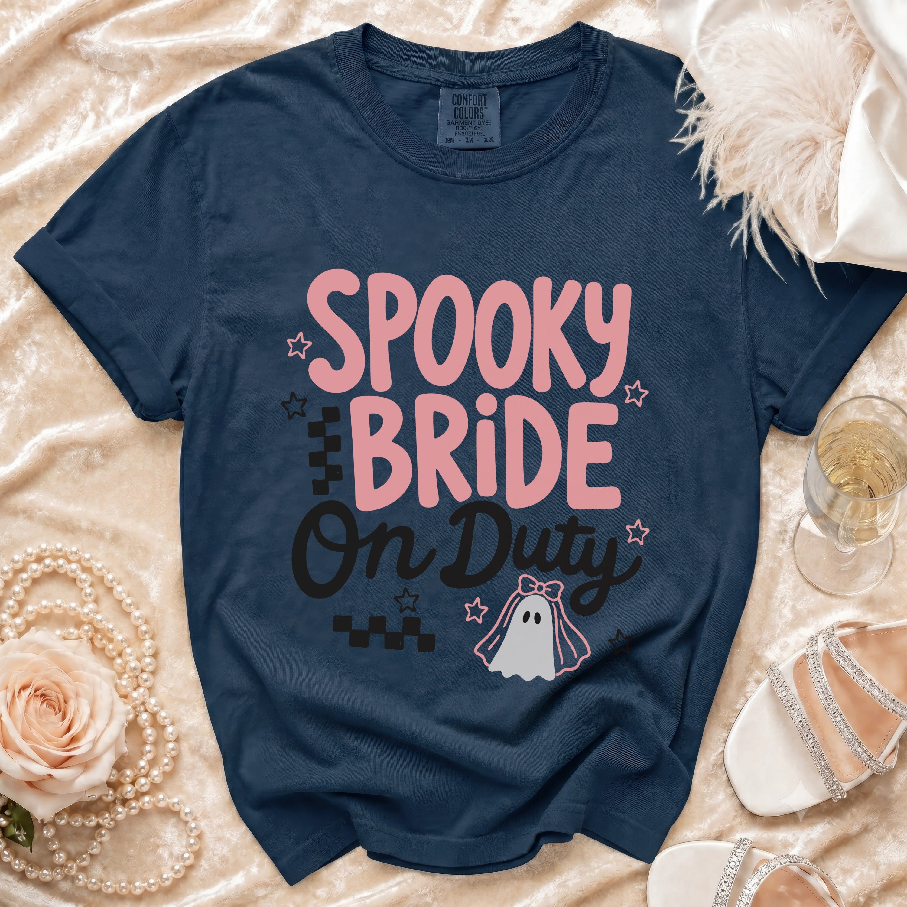 Navy t-shirt with "Spooky Bride On Duty" text and ghost graphic.
