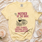 Yellow t-shirt with "Mother of the Bride" and wedding roles text design.