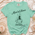 Seafoam green t-shirt with "Maid of Honor" and "Professional Hype Woman" text.