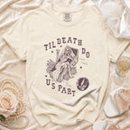 Cream t-shirt with "Til Death Do Us Part" skeleton bride graphic and Grateful Dead stealie.