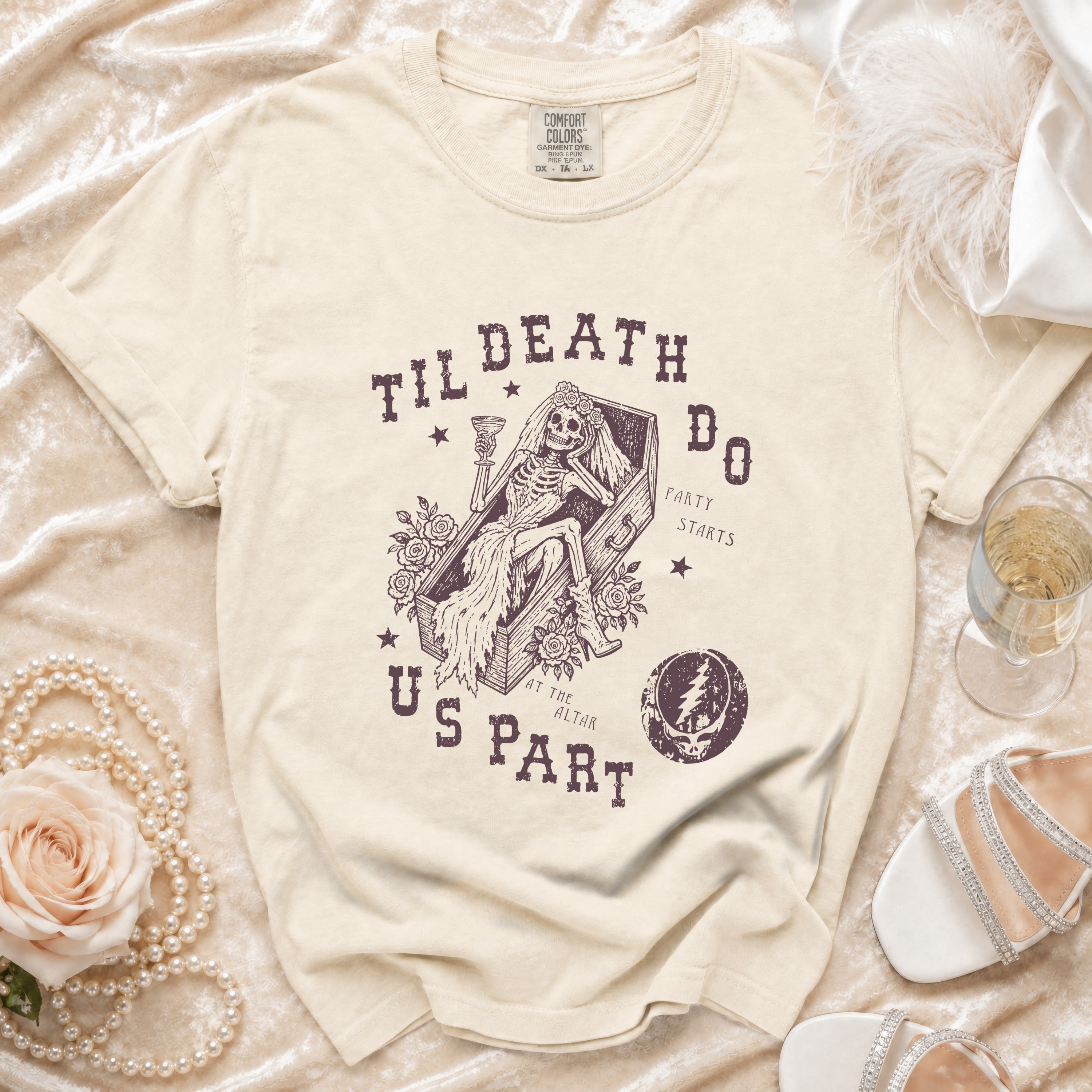 Cream t-shirt with "Til Death Do Us Part" skeleton bride graphic and Grateful Dead stealie.