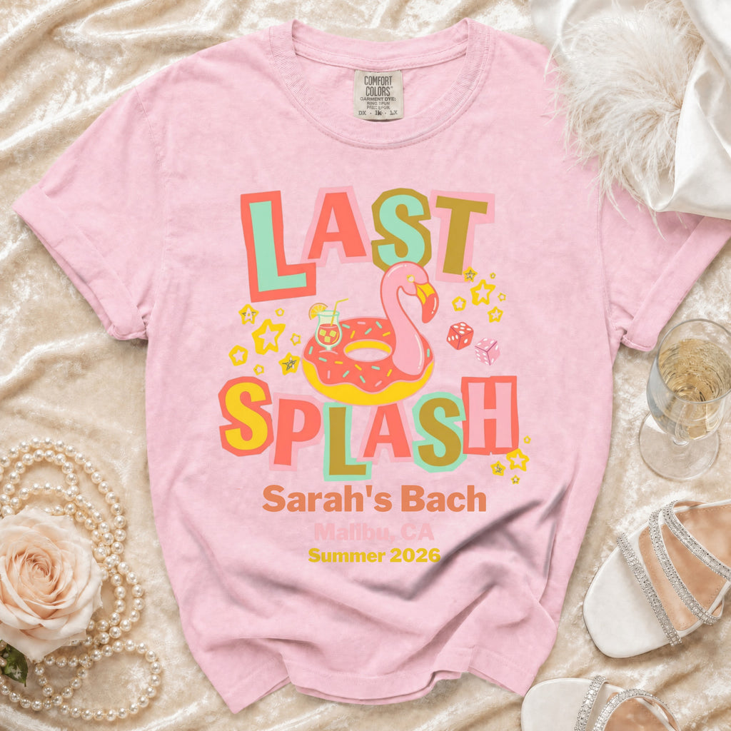 Pink t-shirt for "Sarah's Bach Malibu Summer 2026" with "Last Splash" graphic.