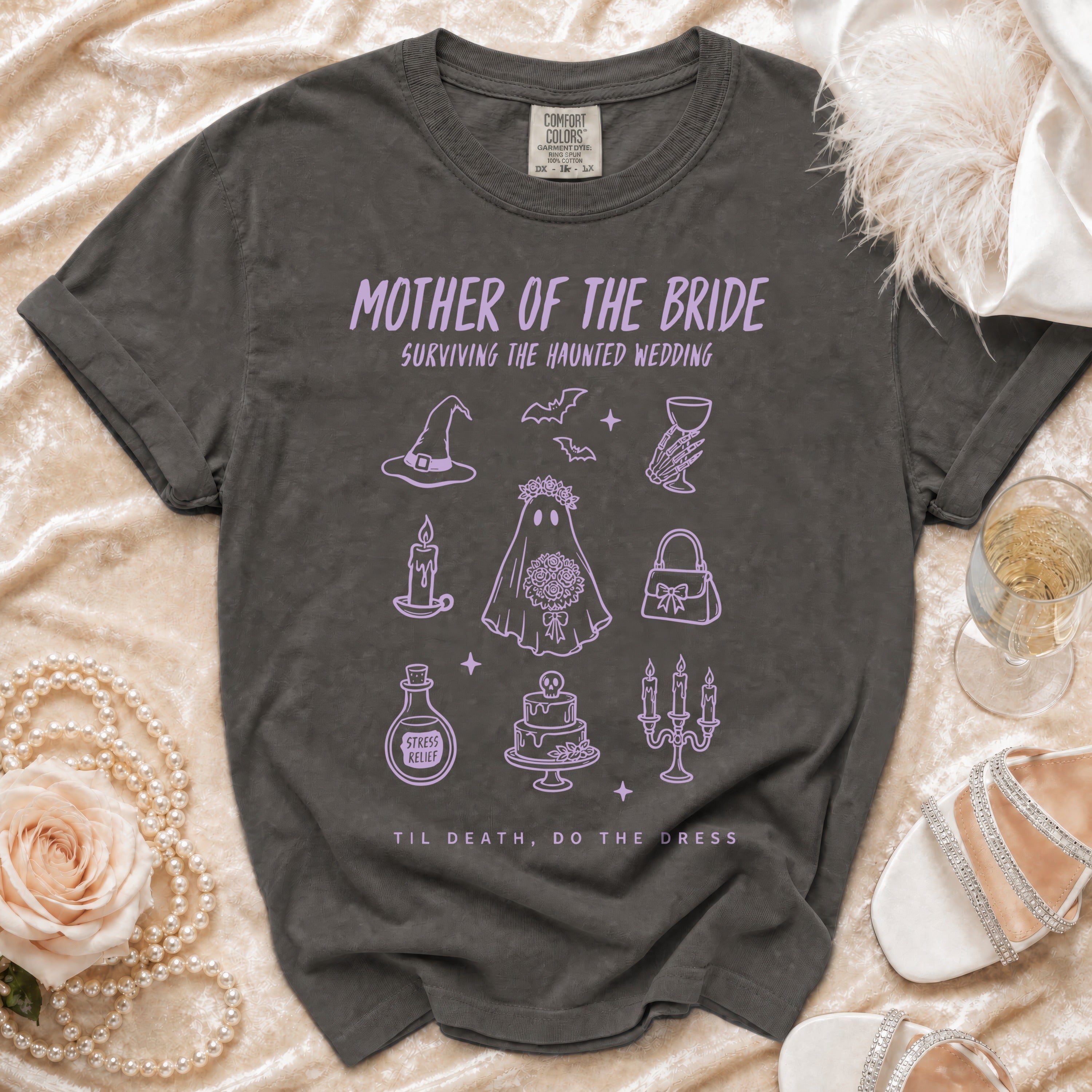 Dark gray t-shirt with "Mother of the Bride Surviving the Haunted Wedding" and spooky graphics.