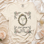 Cream t-shirt with "Last Splash Sarah's Bach Malibu, CA Summer 2026" and floral frame.