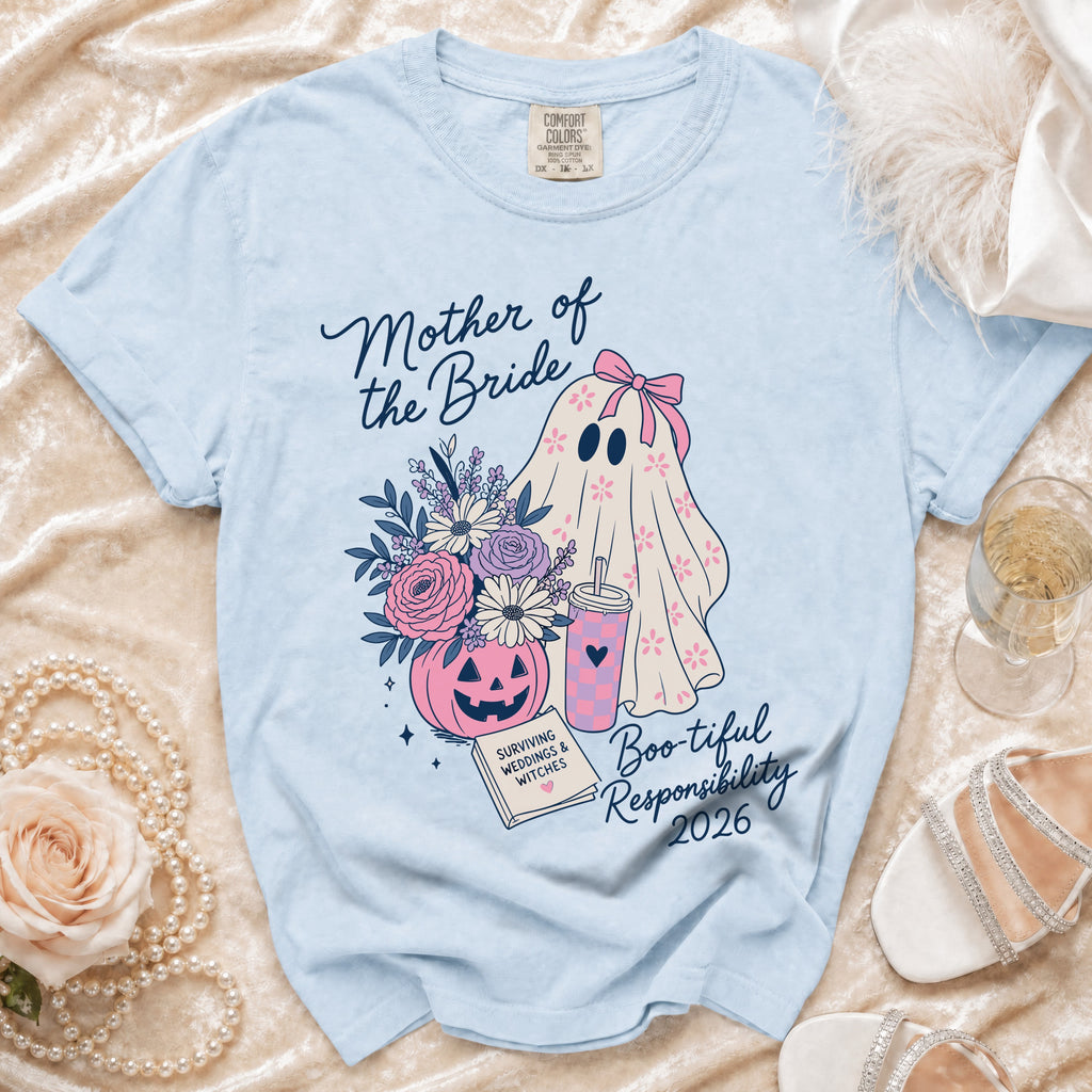 Light blue t-shirt with "Mother of the Bride" and ghost graphic.
