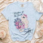Light blue t-shirt with "Mother of the Bride" and ghost graphic.