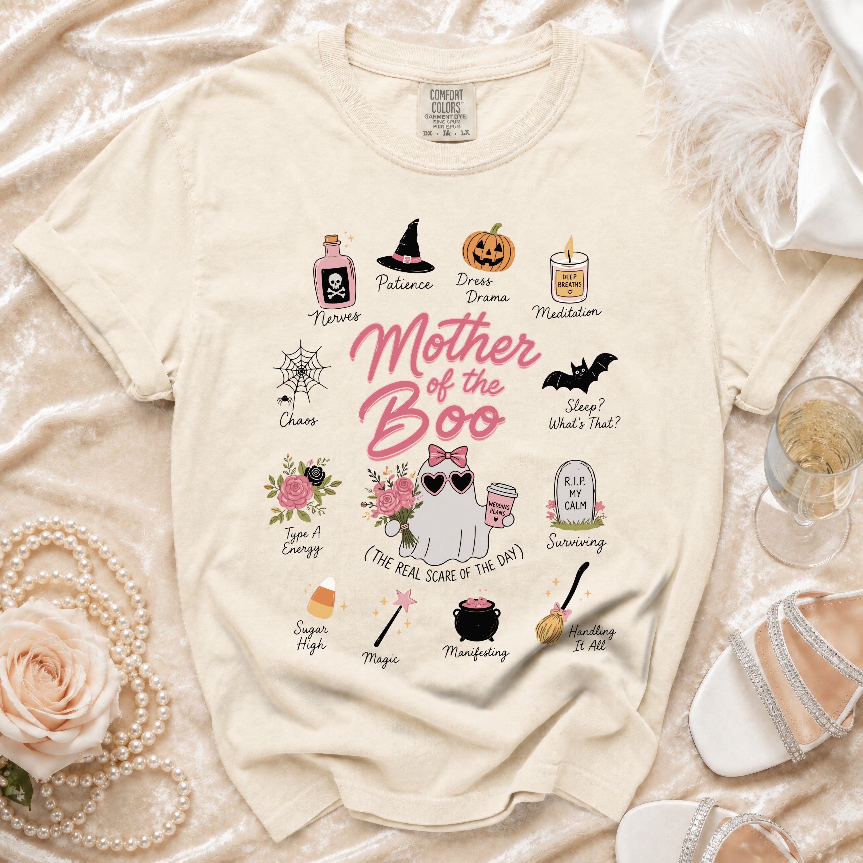 T-shirt with "Mother of the Boo" and Halloween-themed graphics about motherhood.