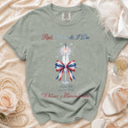 T-shirt with "Red, White & I Do" and bachelorette party details.