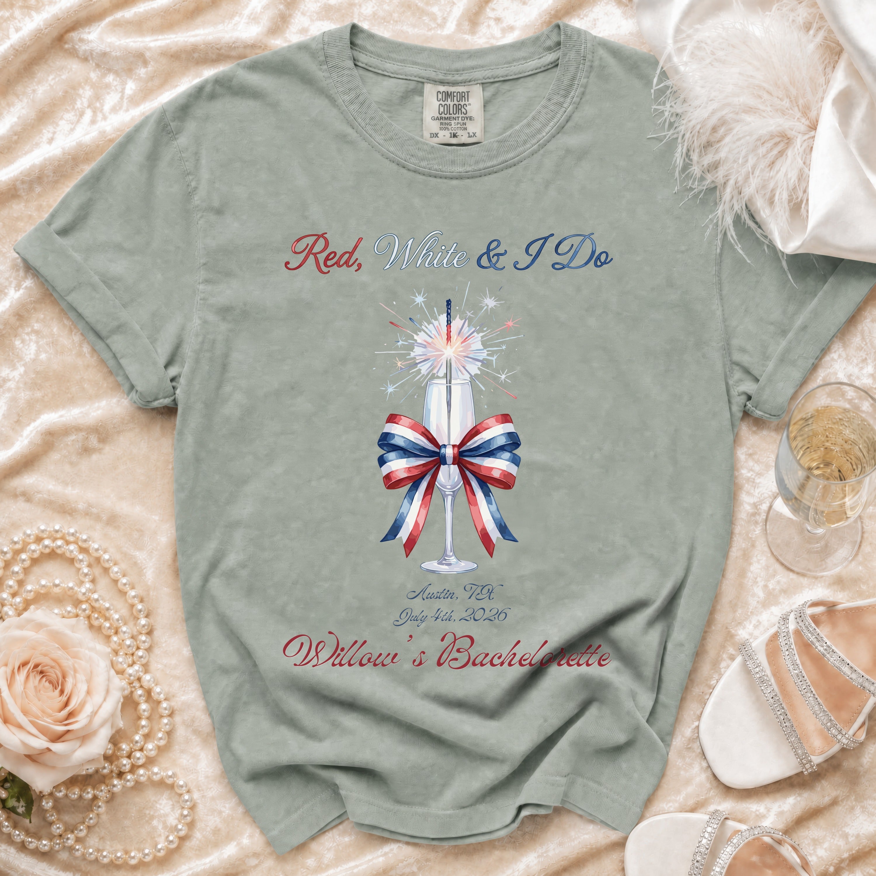 T-shirt with "Red, White & I Do" and bachelorette party details.