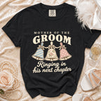 Black t-shirt with "Mother of the Groom Ringing in his next chapter" and bells graphic.