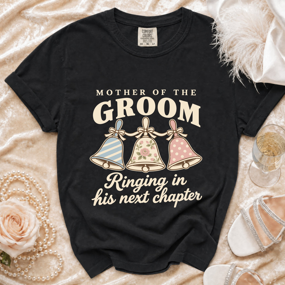 Black t-shirt with "Mother of the Groom Ringing in his next chapter" and bells graphic.