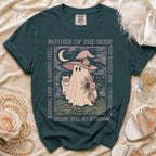 Ghost wearing witch hat and holding coffee, "Mother of the Bride" text, on teal t-shirt.