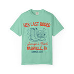 Mint green t-shirt with "Her Last Rodeo" and bachelorette party details.