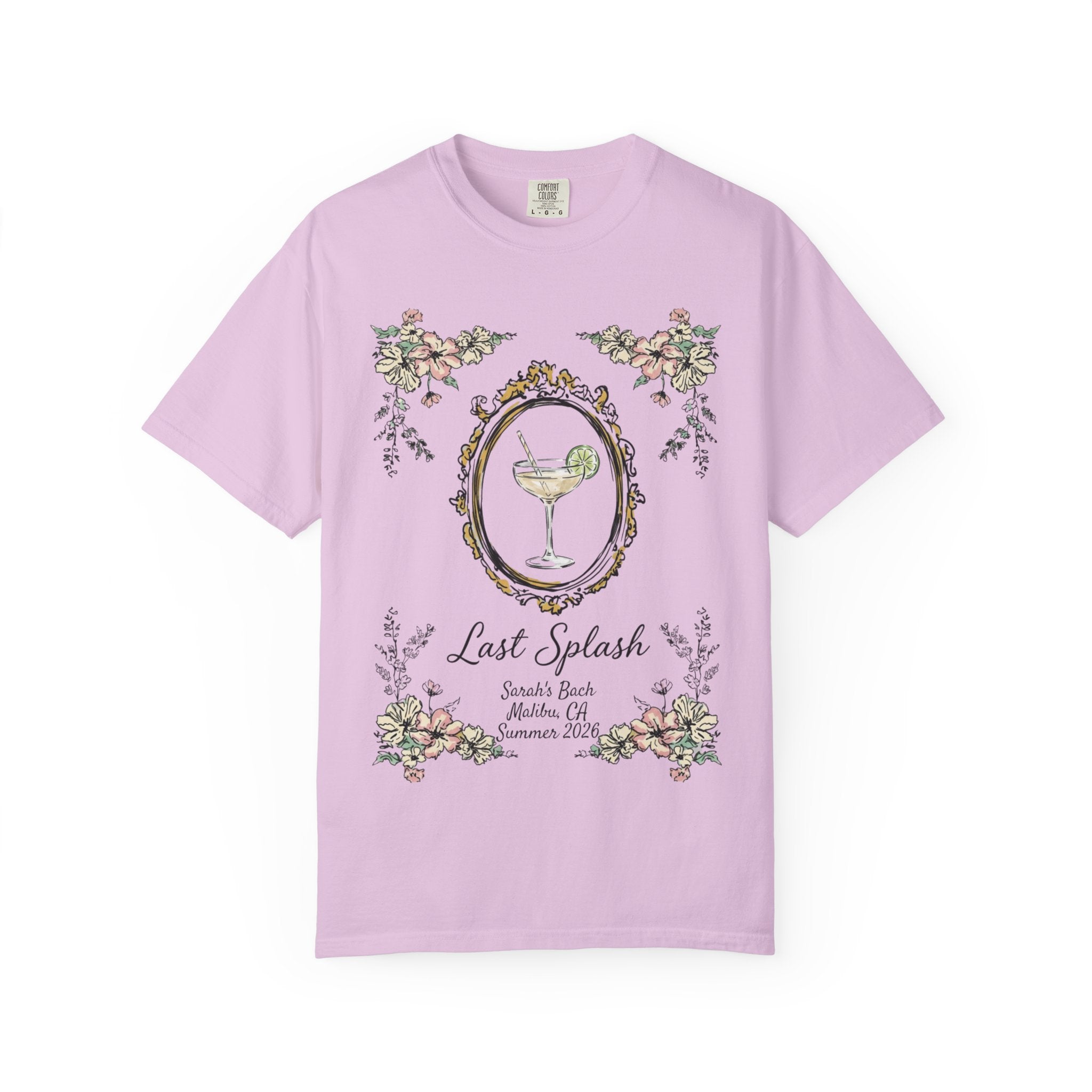 Lavender t-shirt with "Last Splash" cocktail design and "Sarah's Bach Malibu CA Summer 2024" text.