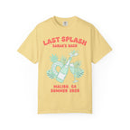 Yellow t-shirt with "Last Splash Sarah's Bach Malibu, CA Summer 2026" text and graphics.
